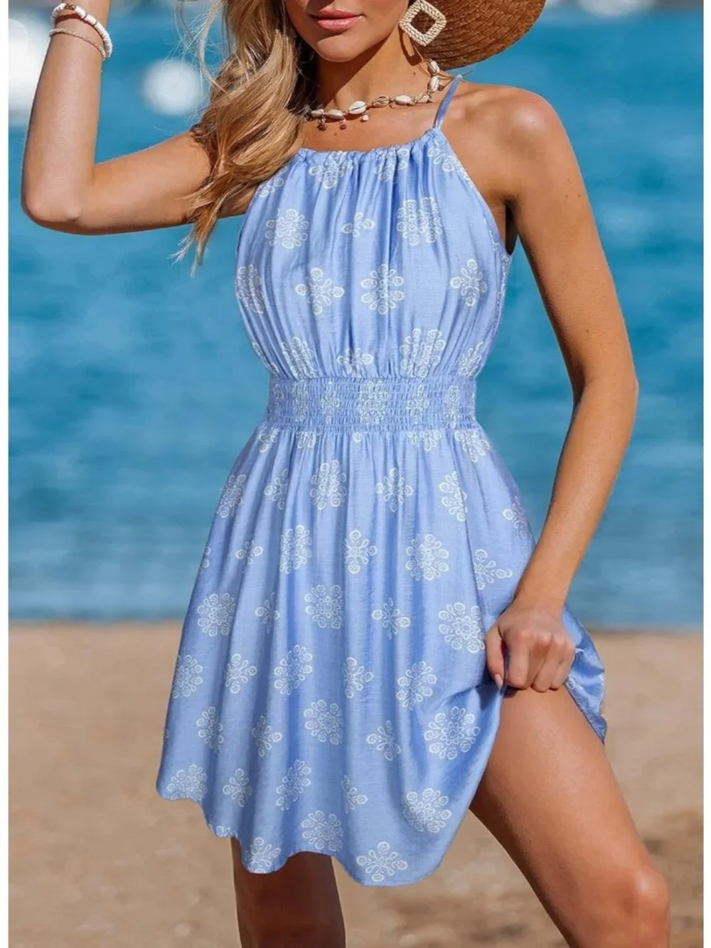 Women's Summer Beach Halter Neck Dresses Sky Blue A Line Mini Dress with Pockets - Picture 3 of 6